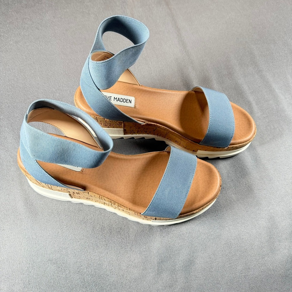 Steve Madden Elba Womens 7 Dusty Blue Elastic Cork Platform Wedge Sandals Casual - Picture 4 of 9